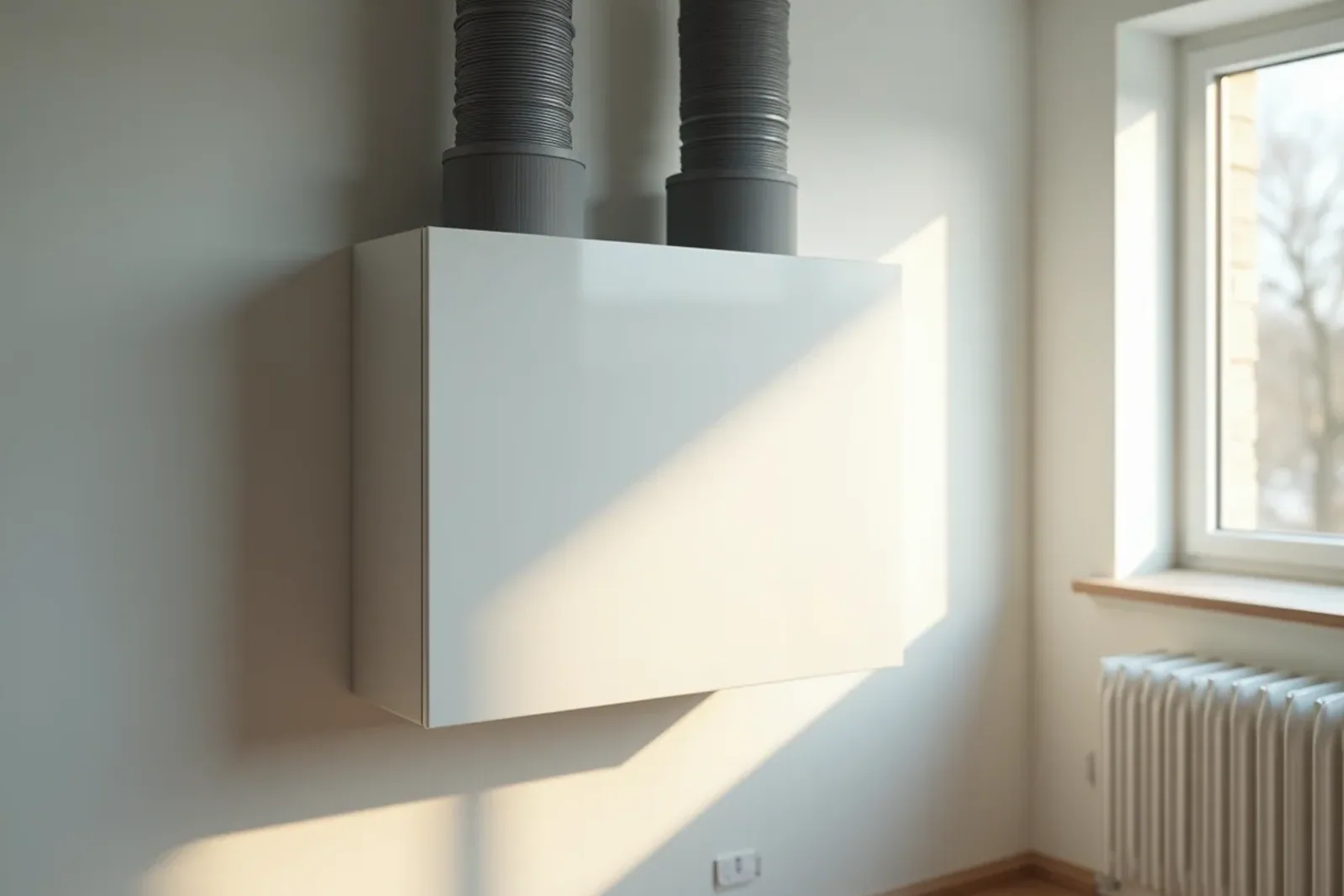 FTX-aggregat med värmeväxlare och anslutna ventilationskanaler