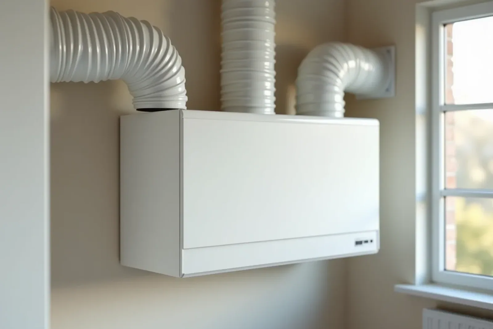 FTX-aggregat med värmeväxlare och anslutna ventilationskanaler