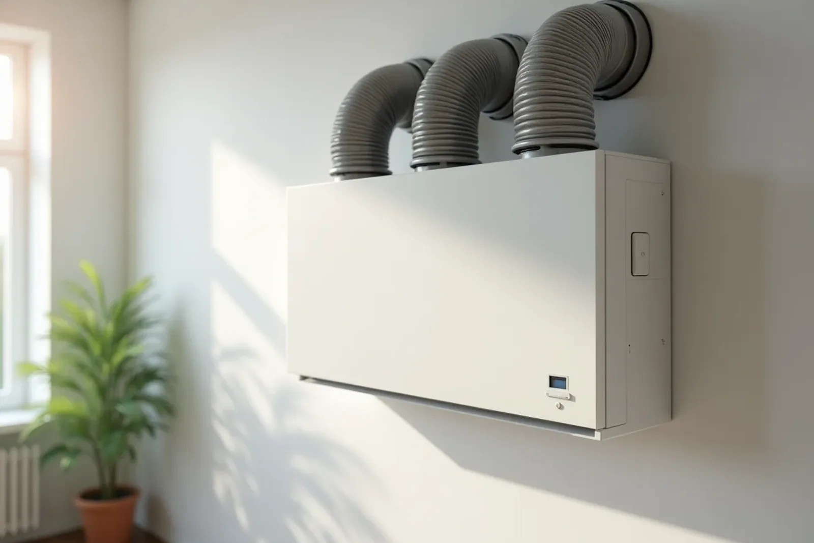 FTX-aggregat med värmeväxlare och anslutna ventilationskanaler