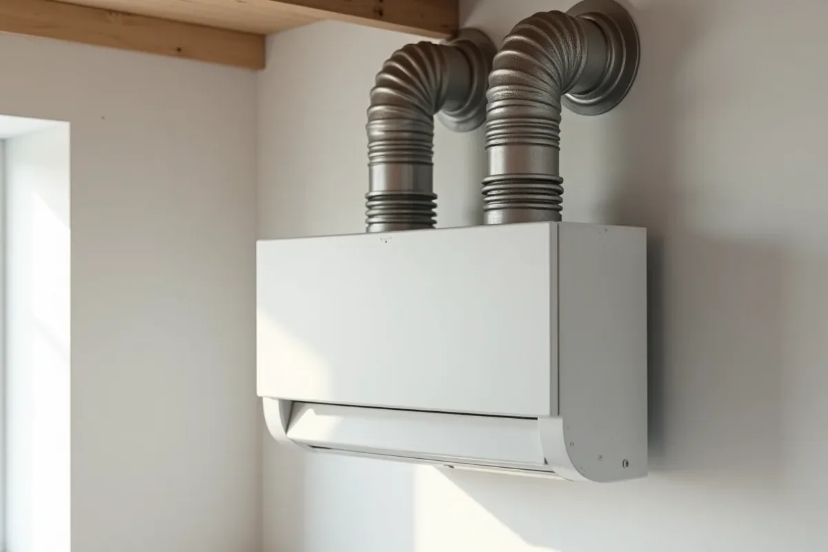 FTX-aggregat med värmeväxlare och anslutna ventilationskanaler