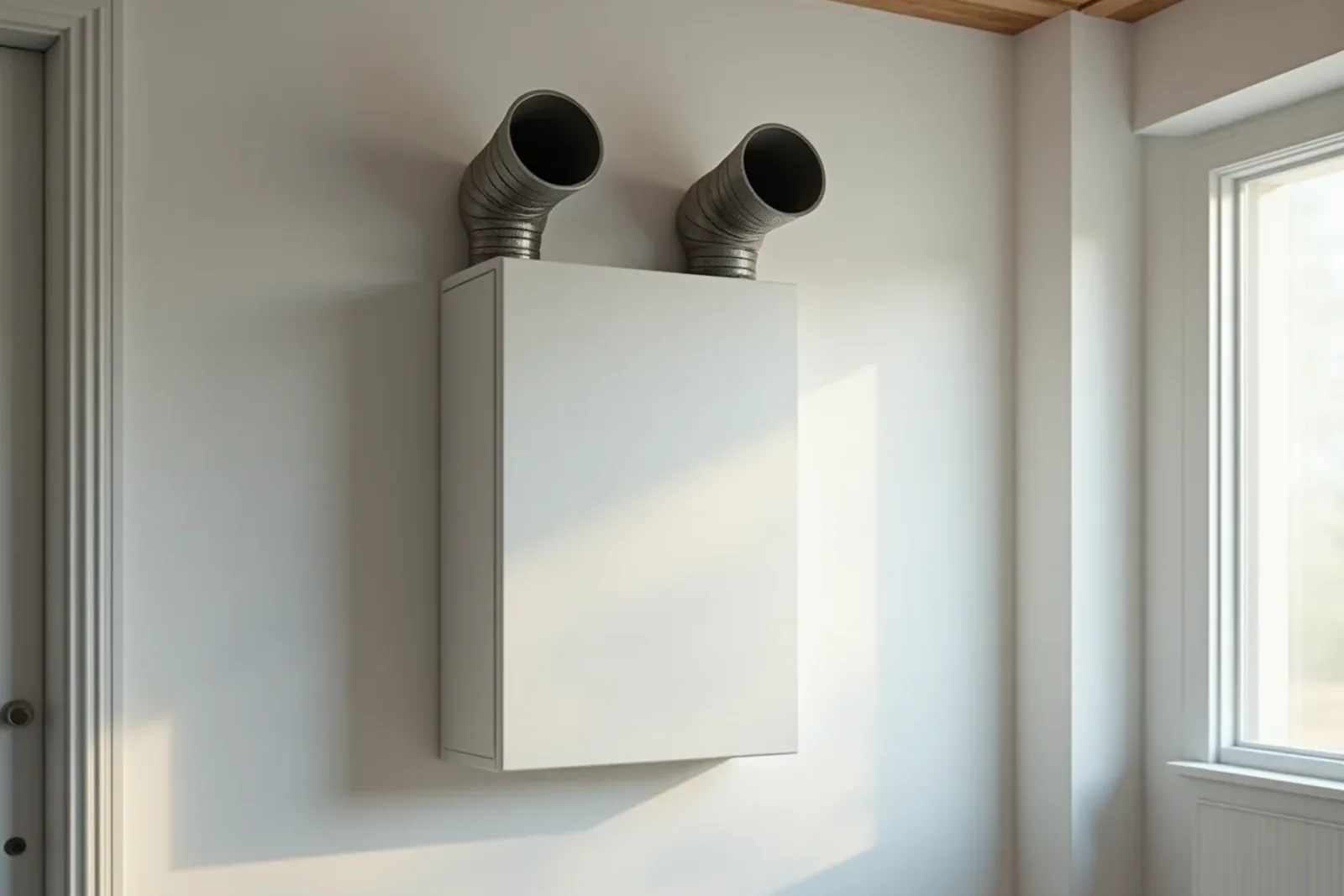 FTX-aggregat med värmeväxlare och anslutna ventilationskanaler