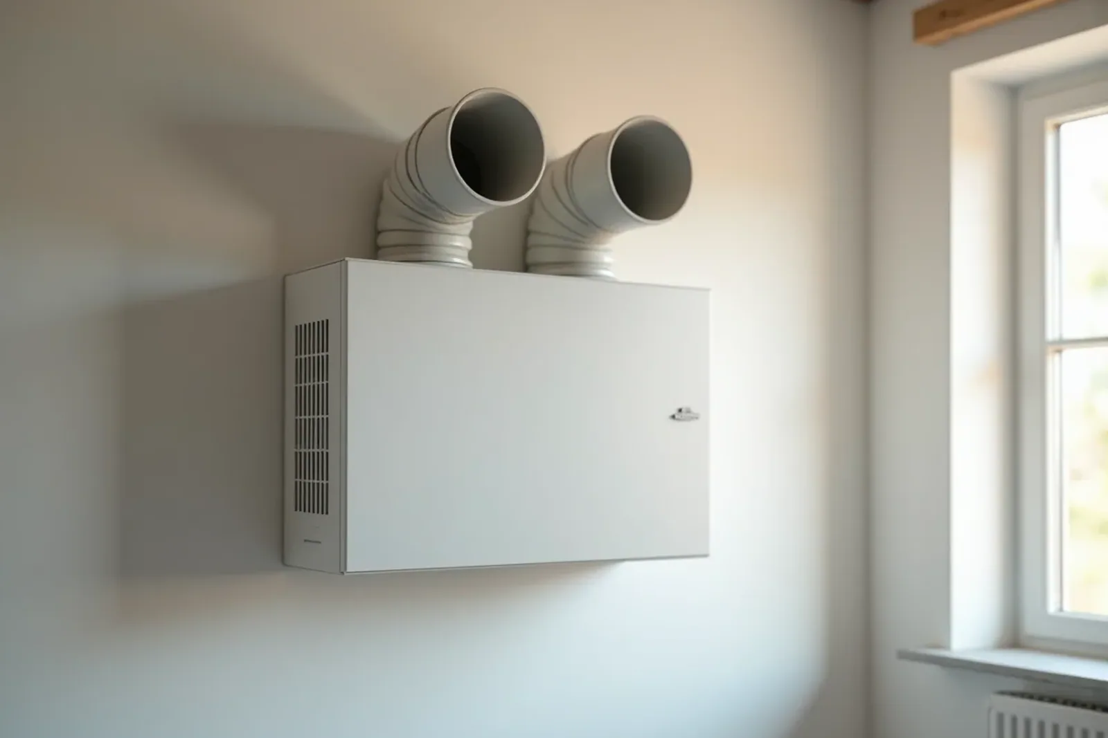 FTX-aggregat med värmeväxlare och anslutna ventilationskanaler
