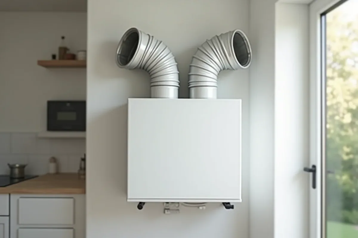 FTX-aggregat med värmeväxlare och anslutna ventilationskanaler