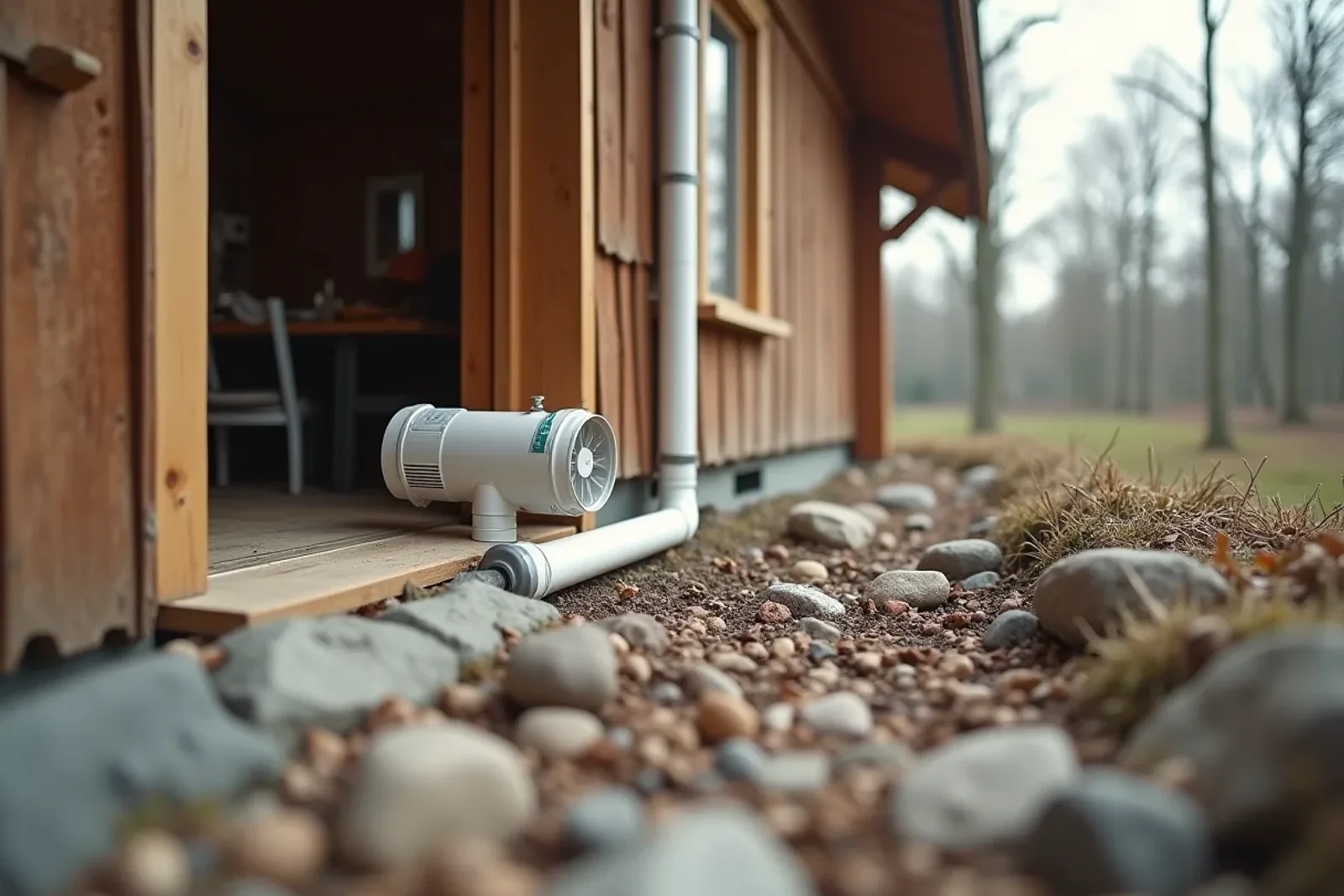 radonsug och rörsystem för radonsanering i en villas krypgrund