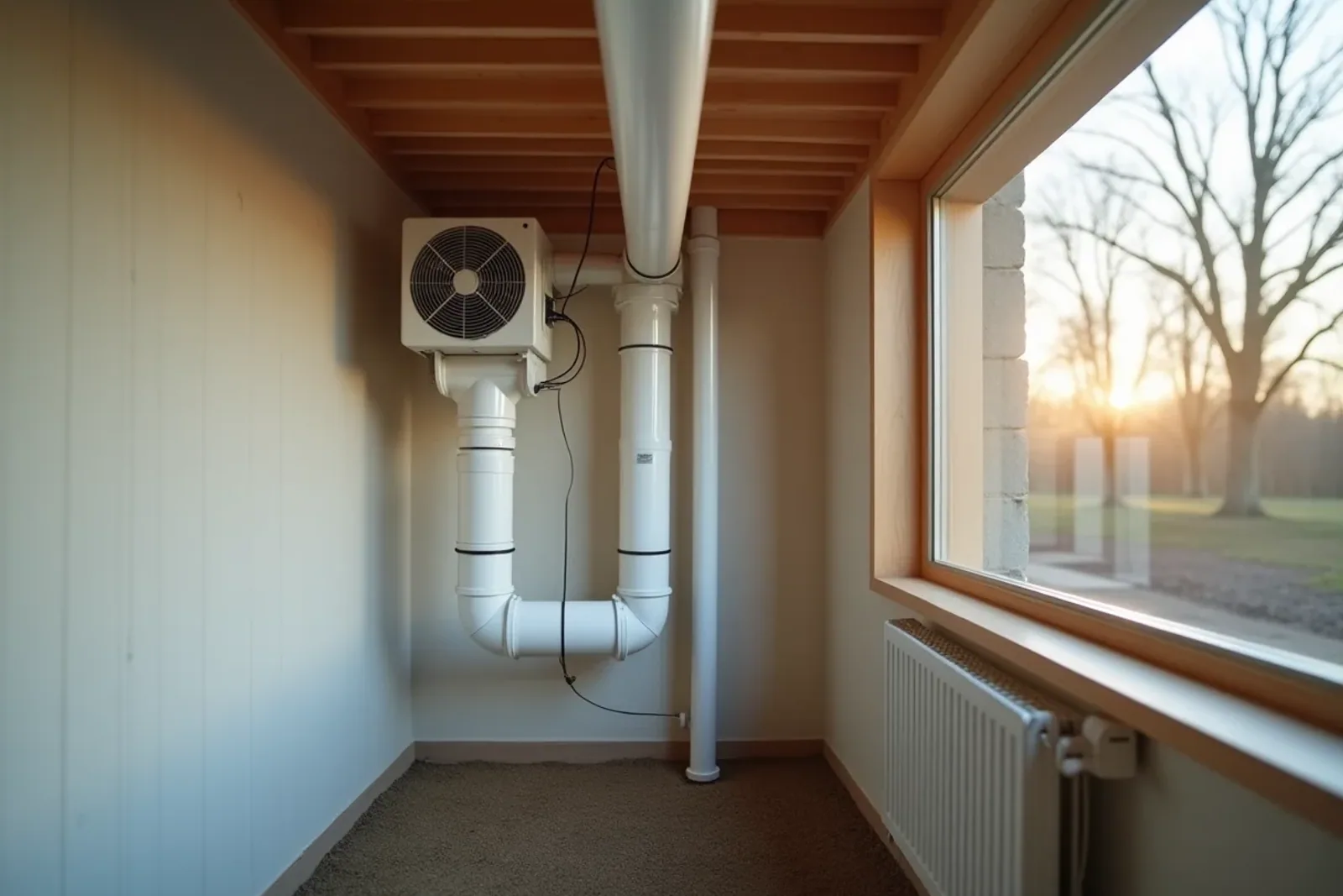 radonsug och rörsystem för radonsanering i en villas krypgrund