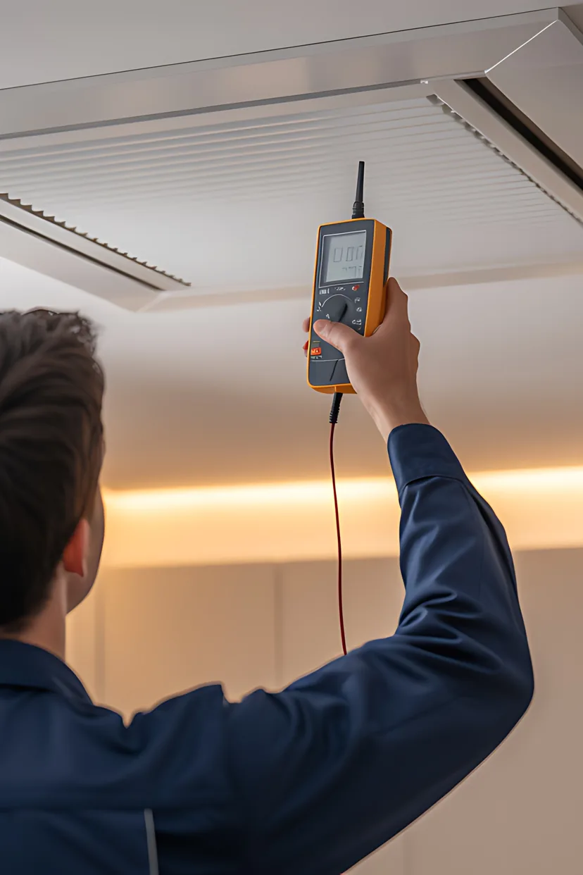 En ventilationstekniker mäter luftflödet vid ett takdon i ett ljust hem.