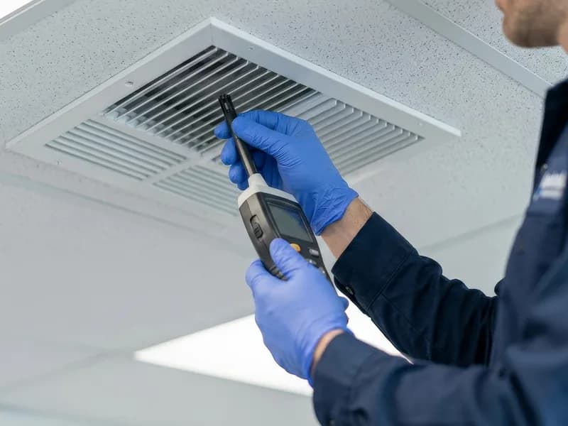 En tekniker mäter luftflödet vid ett takdon med ett handinstrument.